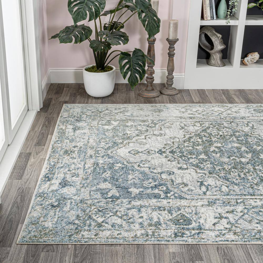 Pavel Light Gray and Blue Synthetic Medallion Washable Area Rug