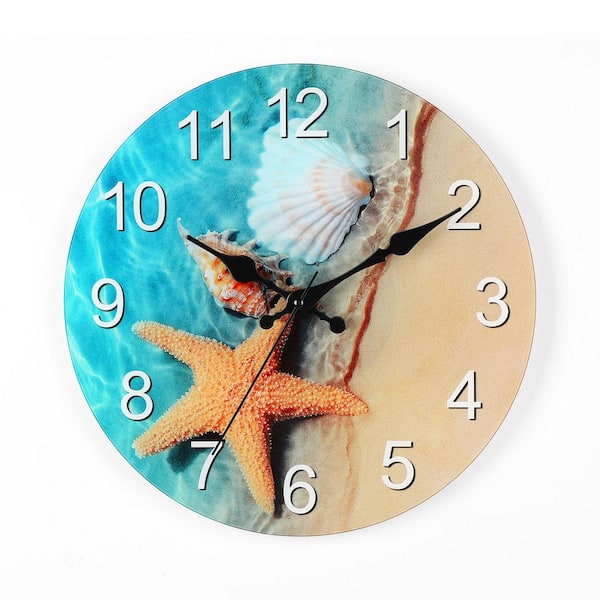 Oumilen 12 in. Shell Analog Non Ticking Blue Glass Wall Clock