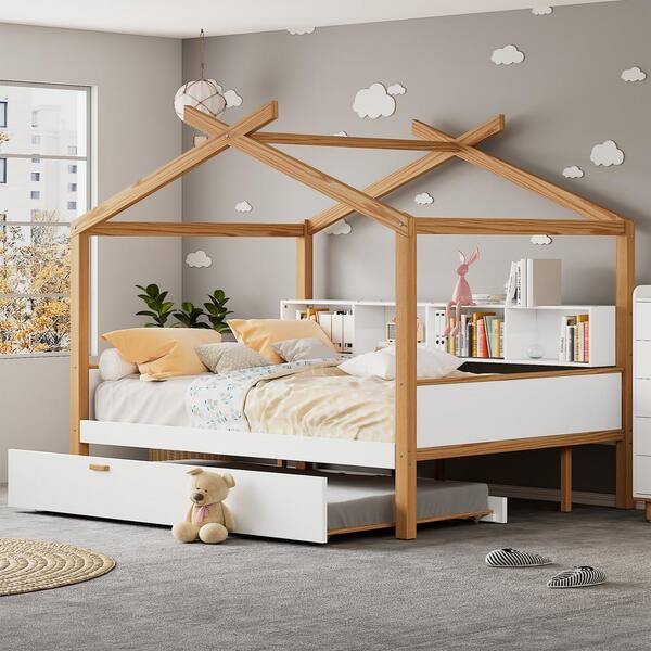 Harper & Bright Designs White Full Size Wood House Bed with Twin Size Trundle and Storage Bookshelf
