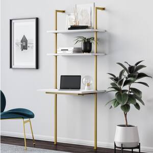 Theo 73 in. White Wood and Gold Brass Metal 2-Shelf Wall-Mount Ladder Writing Desk Table Small Computer Table Bookcase