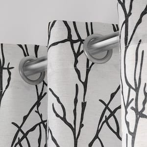 Branches Black Floral Light Filtering 54 in. x 84 in. Grommet Top Curtain Panel (Set of 2)