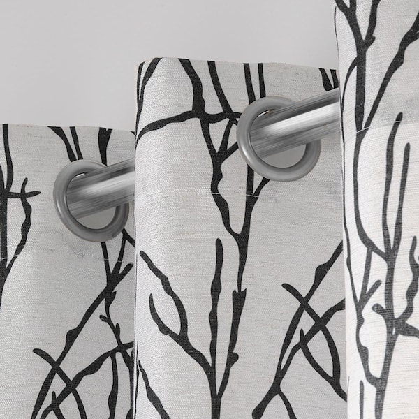 Branches Black Floral Light Filtering 54 in. x 84 in. Grommet Top Curtain Panel (Set of 2)