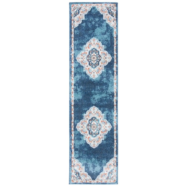 Phoenix 2 ft. x 10 ft. Navy/Ivory Medallion Ornate Distressed Runner Rug