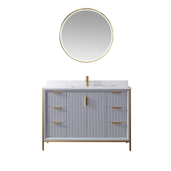 ROSWELL Granada 48 in. W x 22 in. D x 33.8 in. H Single Sink Bath Vanity in Grey with White Stone Countertop and Mirror
