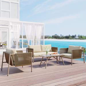 4 Pieces Metal Outdoor Rope Furniture Patio Sectional Set All Weather with Glass Table, Beige Cushion for Poolside Porch