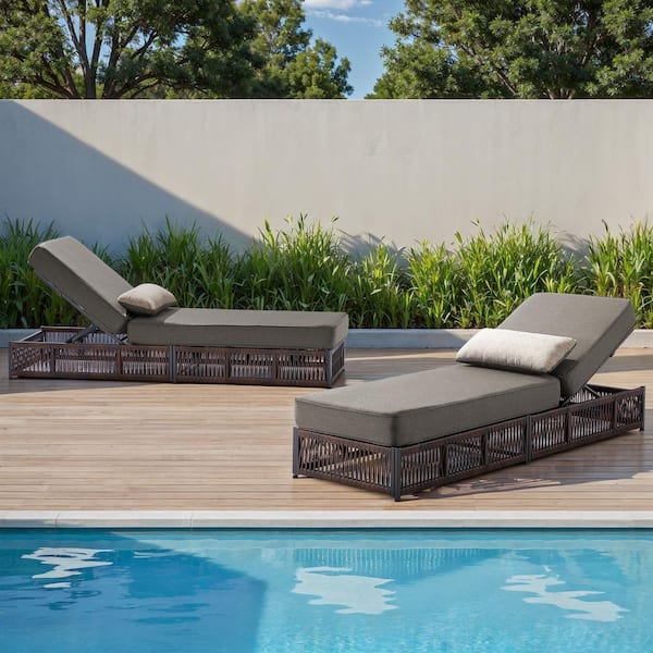 ArcoBay Brown Wicker Outdoor Chaise Lounge with 5 in. Thick Gray Cushions (2-Pack)