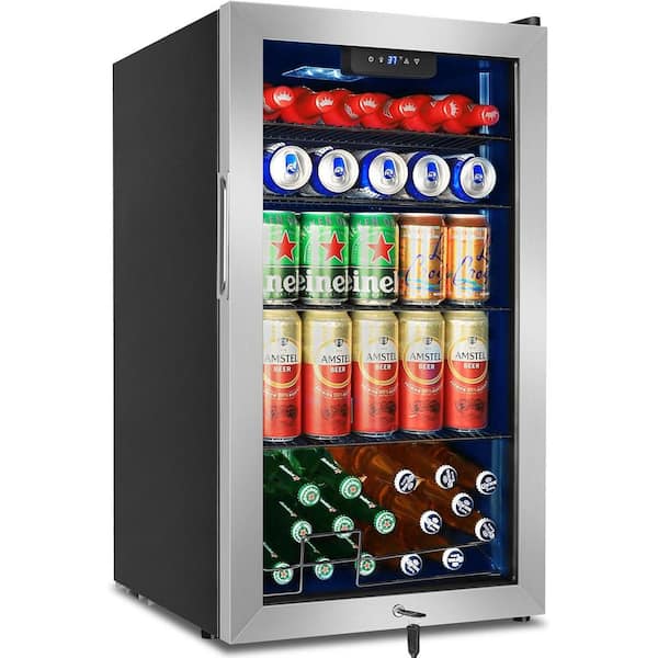 18in.single zone 128-Cans Beverage Cooler in Stainless Steel with Glass Door and 4 Removable Shelves for Beer Soda Wine