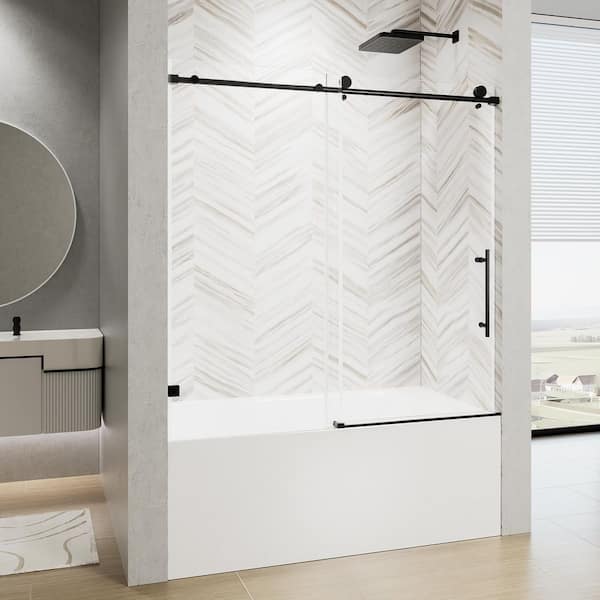 AZDHOME 56 to 60 in. W x 60 in. H Frameless Sliding Tub Door in Matte Black with Clear Glass