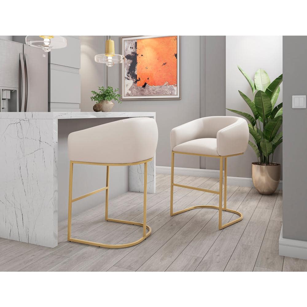 Cream Leather 36'' Upholstered Counter Stool with Metal Frame