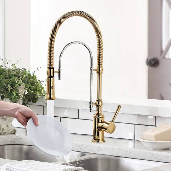 Single Handle Deck Mount Gooseneck Pull Down Sprayer Kitchen Faucet in Bushed Gold and Chrome