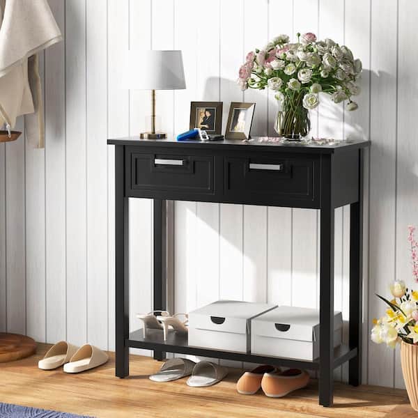 Bunpeony Black Wood 31.5 in. Kitchen Island Narrow Console Table