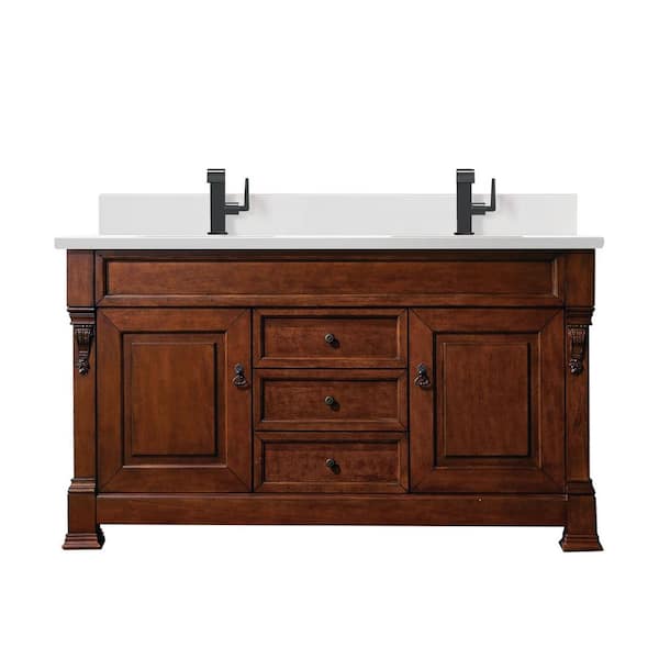 James Martin Vanities Brookfield 60.0 in. W x 23.5 in. D x 34.3 in. H Double Bathroom Vanity in Warm Cherry with White Zeus Quartz Top