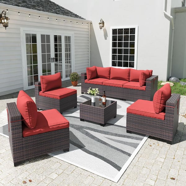 7-Piece Brown Wicker Outdoor Sectional Set with 6-Seats, Adjustable Feetpad and Cushion Red