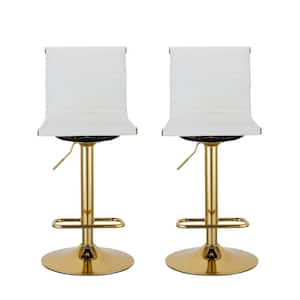 25 in. White and Gold Low Back Metal Adjustable Height Bar Chair with Faux Leather Seat Set of 2