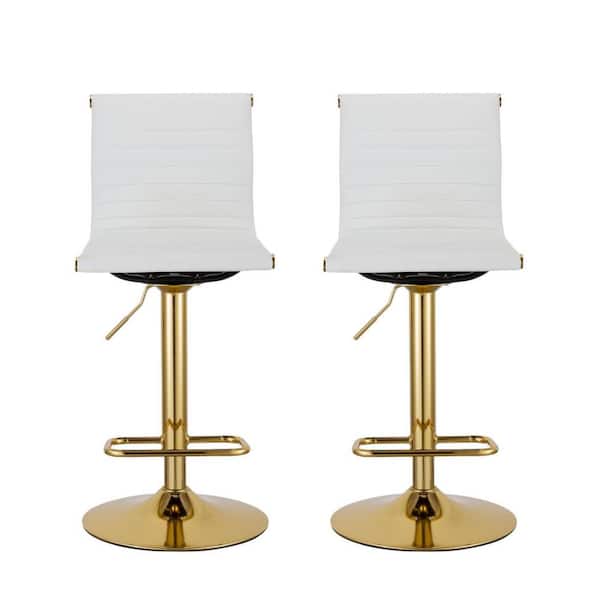 HomeRoots 25 in. White and Gold Low Back Metal Adjustable Height Bar Chair with Faux Leather Seat Set of 2