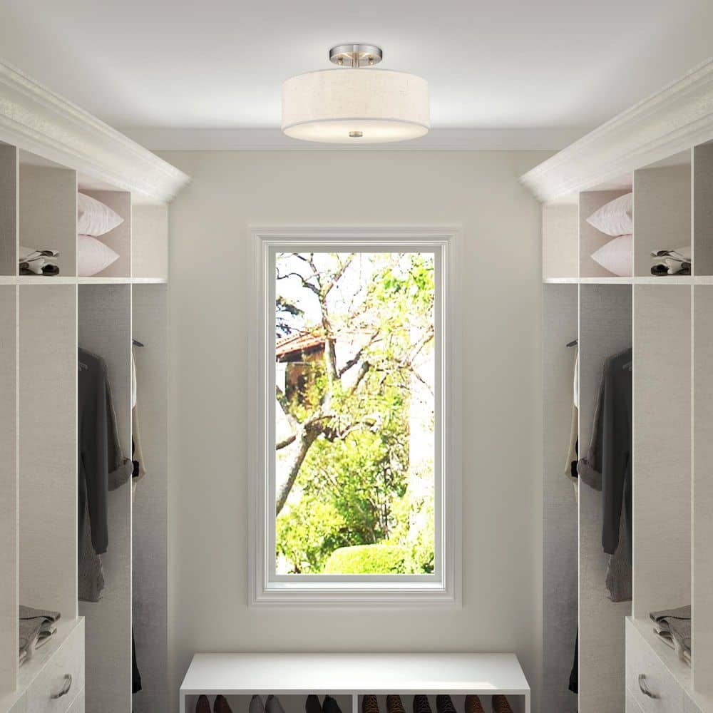 Elegant Meridian Brushed Nickel Drum Ceiling Light with Oatmeal Fabric Shade