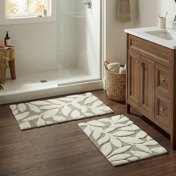 Sage Green Botanical Cotton Rectangle 2-Piece Bathroom Rug Set