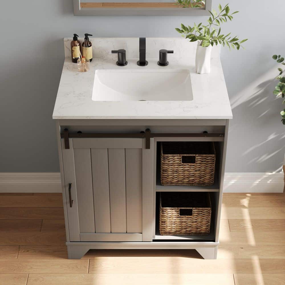 Gray 30" Freestanding Bathroom Vanity with Ceramic Sink and Storage Baskets