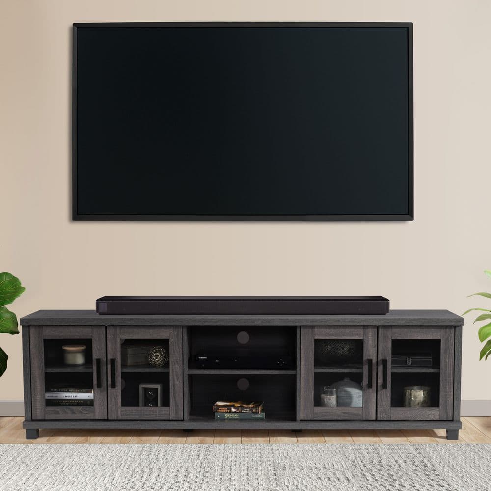 Fremont 84" Dark Gray Engineered Wood TV Stand with Glass Cabinets
