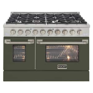48 in. 6.7 cu. ft. 8-Burners Double Oven Dual Fuel Range Propane Gas in Stainless Steel and Olive Green Oven Doors