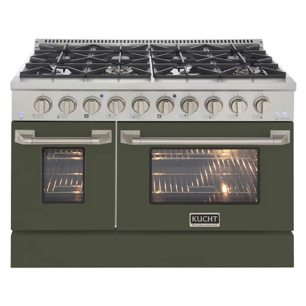 Kucht 48 in. 6.7 cu. ft. 8-Burners Double Oven Dual Fuel Range Propane Gas in Stainless Steel and Olive Green Oven Doors
