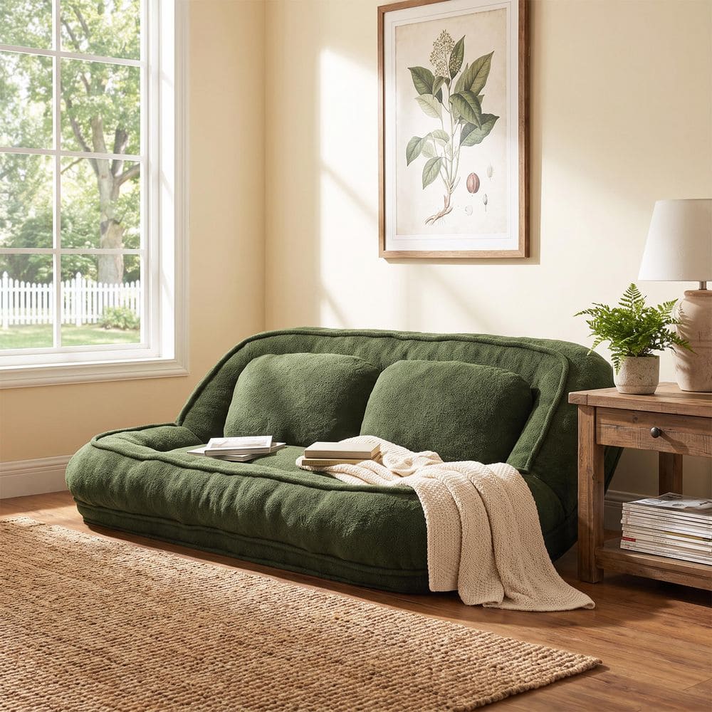 Modern Green Fabric Upholstered Bean Bag, Adjustable Reclining 2-Seater Sofa with Pillow