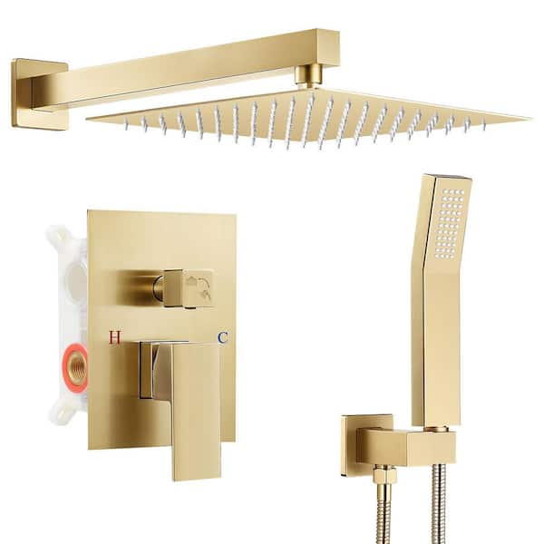 Square Single Handle 2-Spray Shower Faucet Bathroom Shower Combo Set 2.5 GPM with Adjustable Heads in Brushed Gold