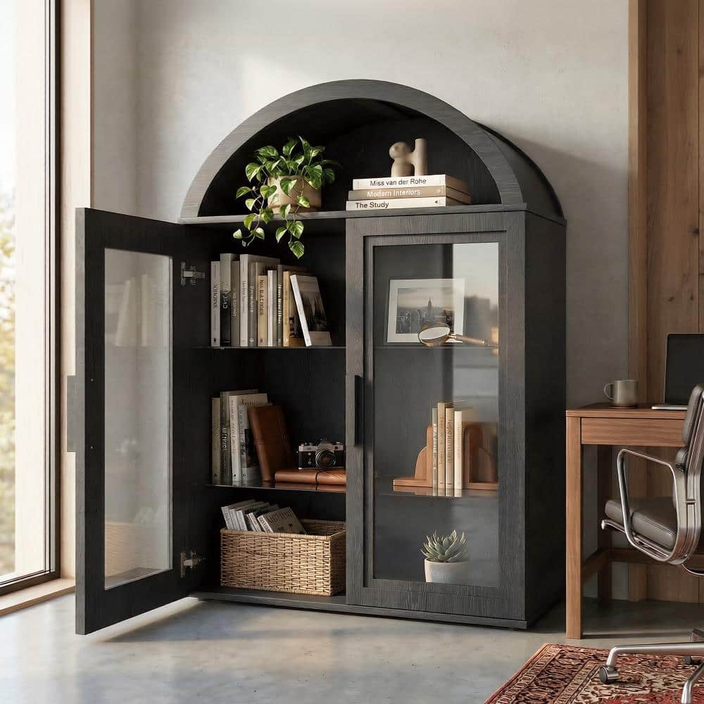 Black wood grain storage cabinet with one glass door open, showing interior shelves.