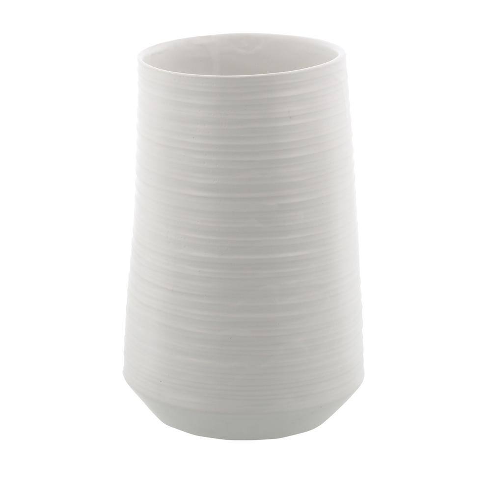 White Porcelain Ribbed Table Vase with Wide Opening