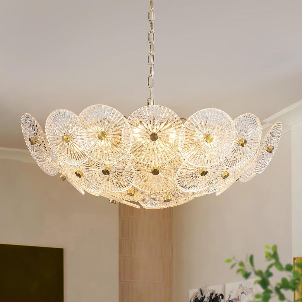 HUOKU Ccrystal 9-Light 28 in. W Brass Glam Vintage Basket Round