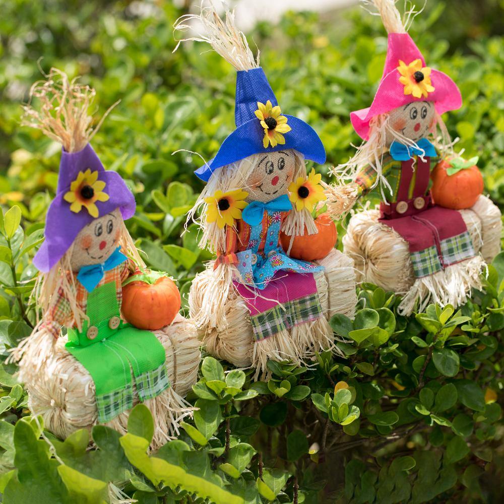 Multicolor Fabric and Hay Trio Scarecrows for Halloween and Fall Decor
