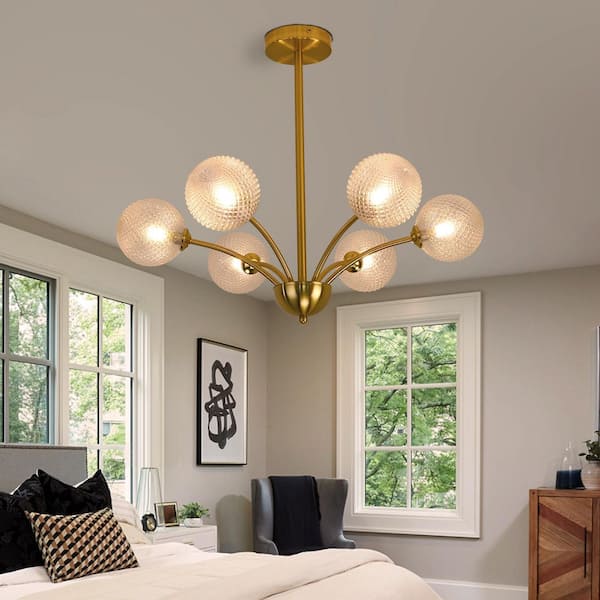 PAKOKULA 6-Light Brushed Gold Clear Textured Glass Globe Chandelier for Living Room with no bulbs included