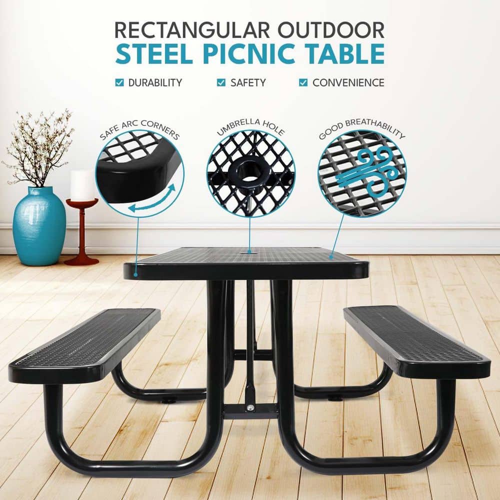 Rectangular steel picnic table with safety features and benches.