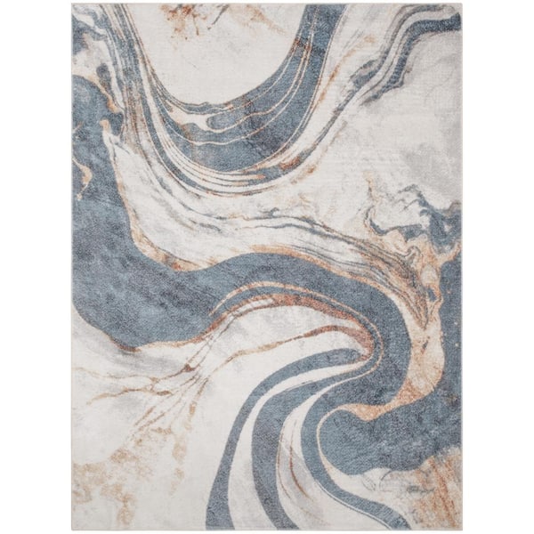 Nourison Astra Machine Washable Ivory Blue 4 ft. x 6 ft. Abstract Contemporary Area Rug