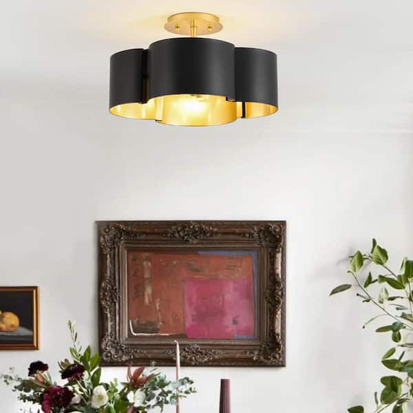 HUOKU Crucero 14.2 in. 4-Light Gloss Black Gold Flower Drum Semi