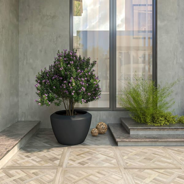 Vessel 22 in. Wide Modern Black Fiberstone and MGO Clay Planter, Round Planter Pot for Indoor and Outdoor Home