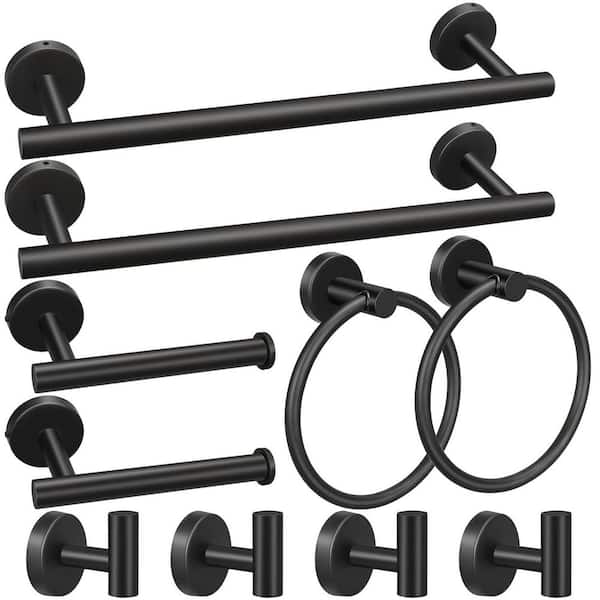 10-Piece Bath Hardware Set with 16 in. Hand Towel Bars, Paper Holders, Towel Rings and Robe Hooks in Black