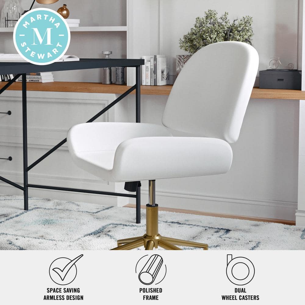White Faux Leather Armless Swivel Office Chair with Brass Base