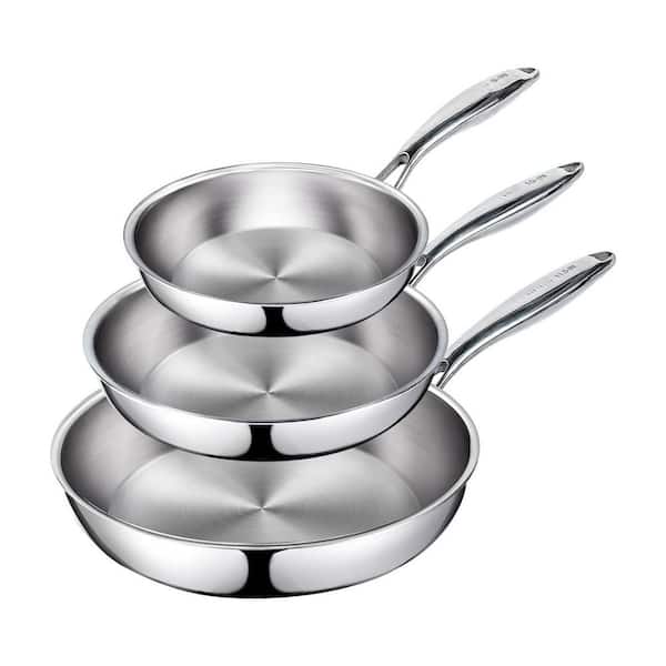 Tri-Ply Stainless Steel Skillet Set 3 Piece No Coating Stay-Cool Handle Works on All Cooktops Dishwasher Safe