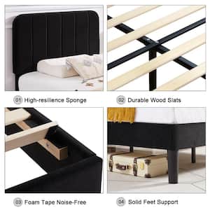 Upholstered Bed, Black Queen Bed Platform BedFrame with Adjustable Headboard, Strong Wooden Slats Support Bed Frame