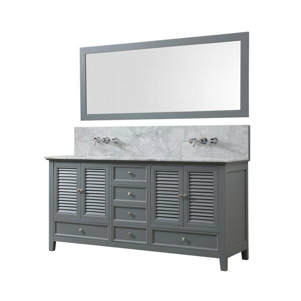 Direct vanity sink Shutter Premium 72 in. W Bath Makeup Hybrid Vanity in Gray with White Marble Vanity Top with White Basins and Mirror
