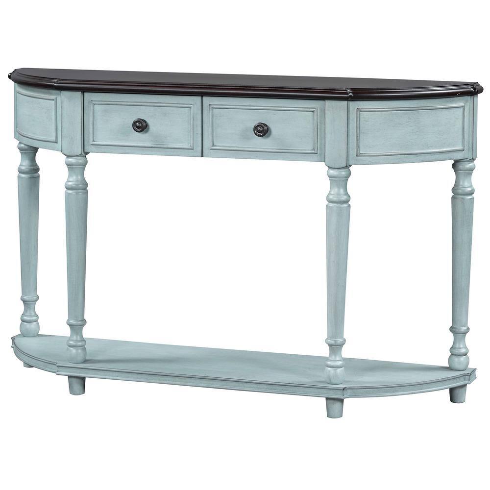 Retro 52 in. Cherry/Antique Blue Rectangle Wood Console Table with Open Style Shelf and Legs 2 Top Drawers price history on PriceWatchPro