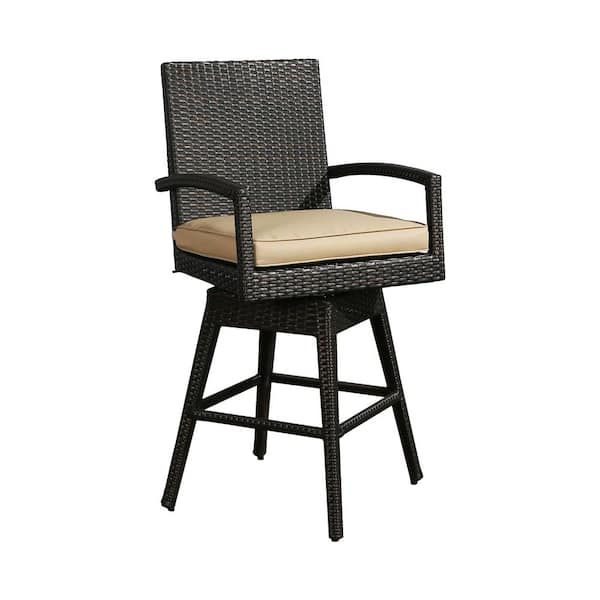 Swivel Wicker Outdoor Bar Stool with Beige Cushion (1-Pack)