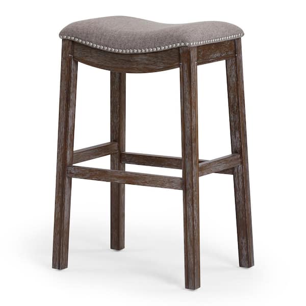 NewRidge Home Goods Saddle 31 in. Dark Weathered Gray Backless Wood Bar Stool with Upholstered Quartz Gray Seat, 1-Stool