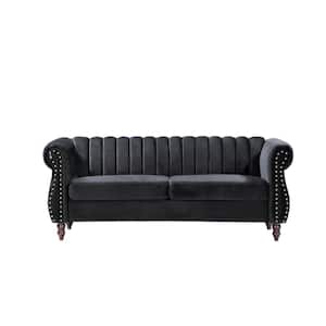 Louis 76.4 in. Black Velvet 3-Seater Chesterfield Sofa with Nailheads