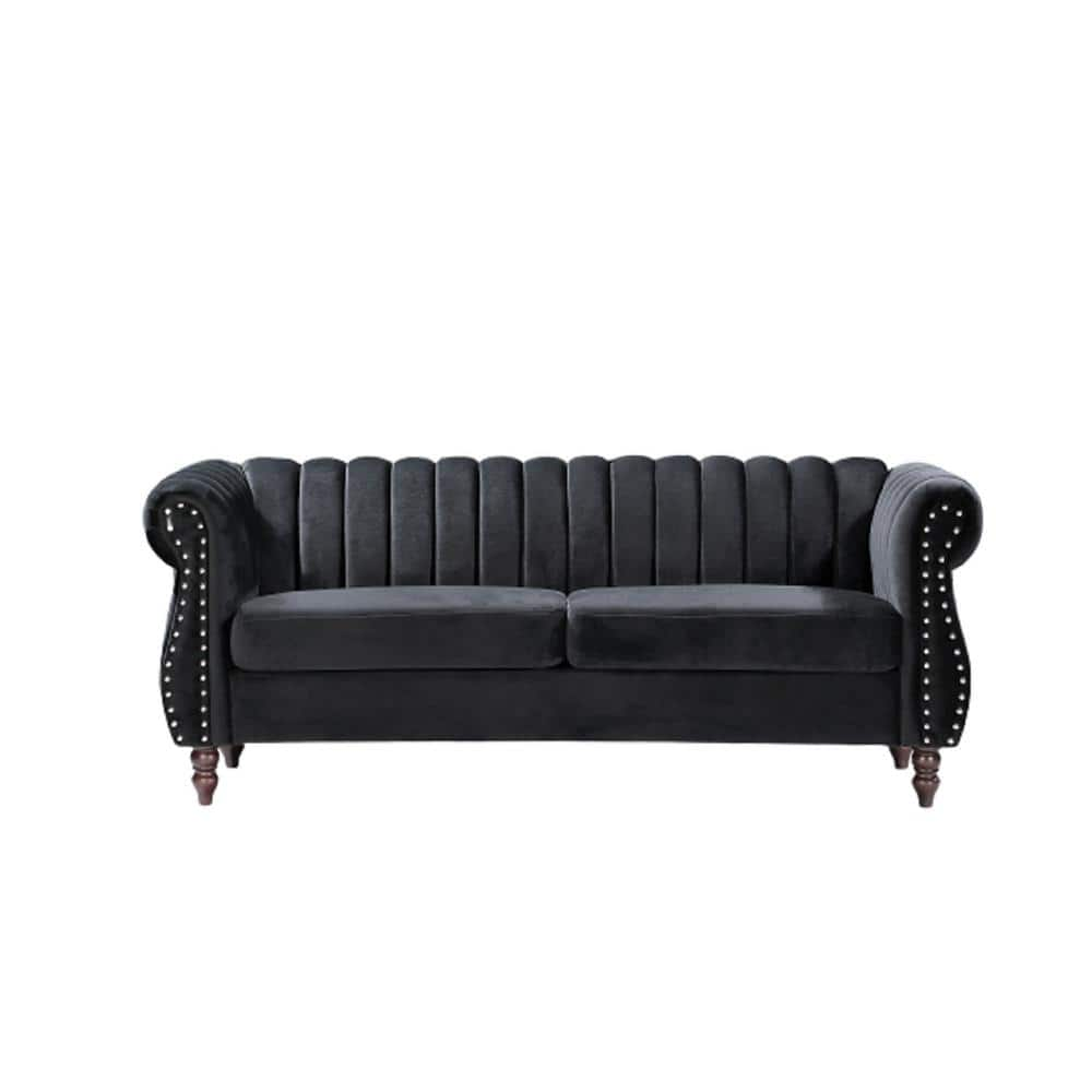 Louis 76.4 in. W Round Arm Velvet 3-Seats Straight Chesterfield Sofa with Nailheads in Black -  US Pride Furniture, S5644-S-H2