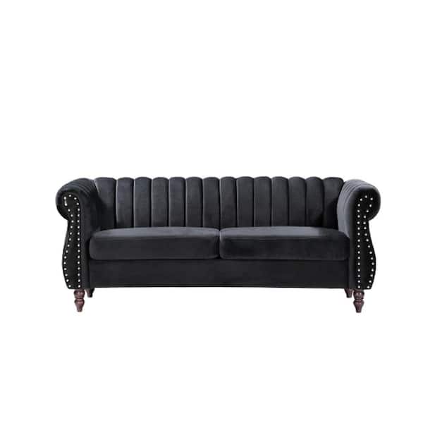 US Pride Furniture Louis 76.4 in. W Round Arm Velvet 3-Seats Straight Chesterfield Sofa with Nailheads in Black