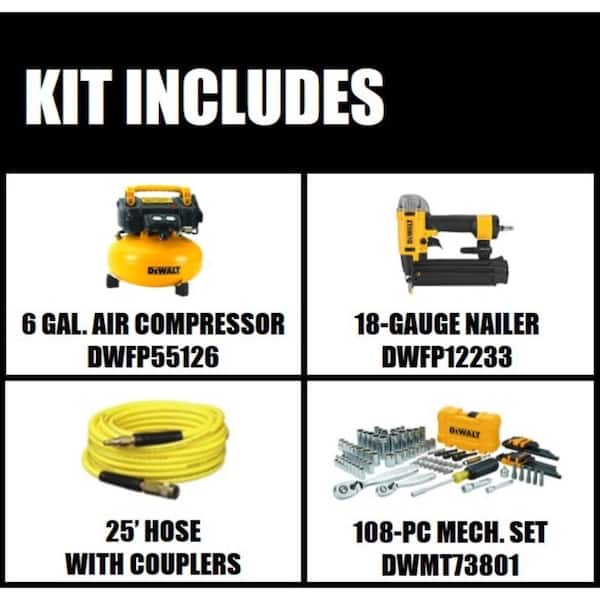 6 Gal. 165 PSI Heavy-Duty Electric Pancake Air Compressor, 18GA Brad Nailer, and Mechanics Tool Set (108-Piece)