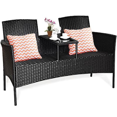 Modern Black 1-Piece Wicker Patio Seating Set with Red Cushions