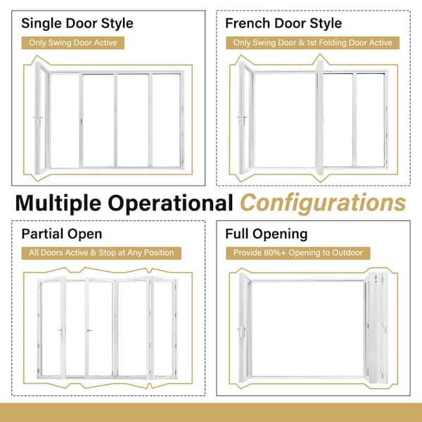 144 in. x 80 in. Left Swing/Outswing Double Tempered Glass White Aluminum Folding Patio Door with Retractable Screen